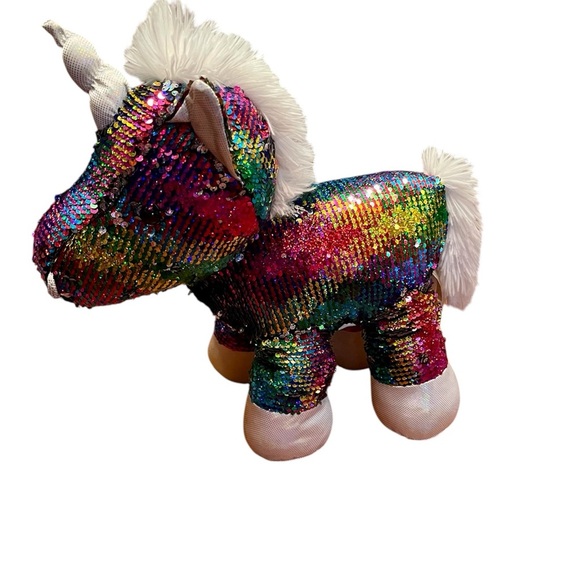 Rainbow/Silver Flip Sequin Unicorn Plush 8.5” x 14” x 17” - Picture 3 of 10